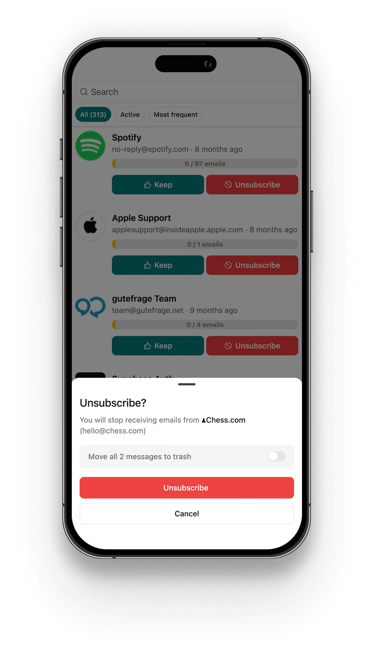 iphone mockup showing unsubscribe action