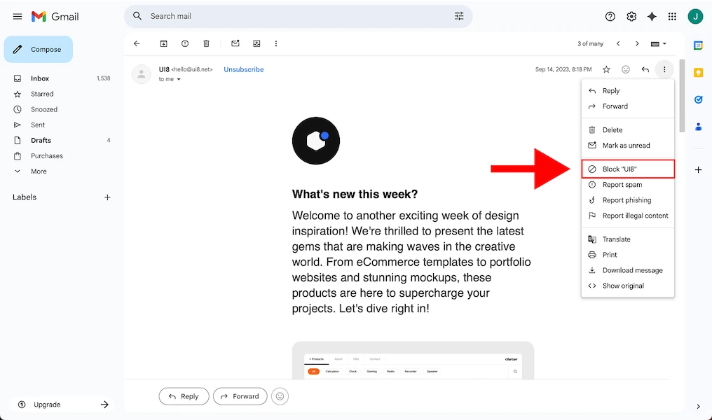 Screenshot of an email interface showing a design inspiration message. A red arrow points to the "Block" option in a dropdown menu. Tone is informative.