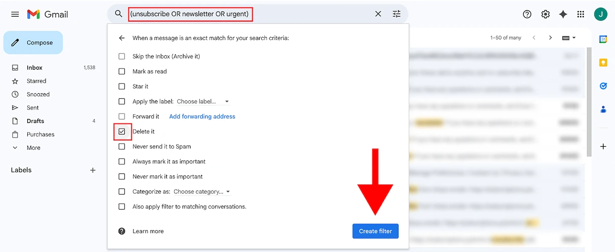 Gmail filter creation screen with criteria for emails containing "unsubscribe OR newsletter OR urgent." Options include deleting messages. Inbox visible in the background.