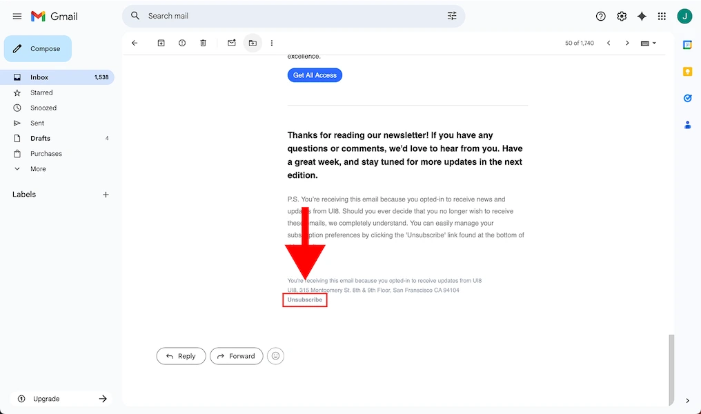 Screenshot of an email in Gmail and a red arrow pointing to the "Unsubscribe" link at the bottom of the email.